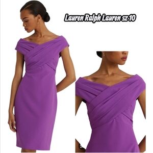 NWT Lauren Ralph Lauren Purple Knee Length Dress Crepe Off Shoulder Sz 10